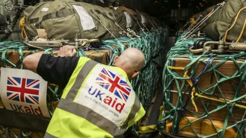 MOD UK Aid being loaded on to the RAF Hercules aircraft at Brize Norton ready to be air dropped over northern Iraq