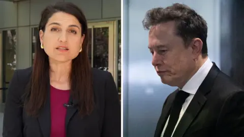 On the right, BBC reporter in a black blazer; on the right, Elon Musk in a black suit.