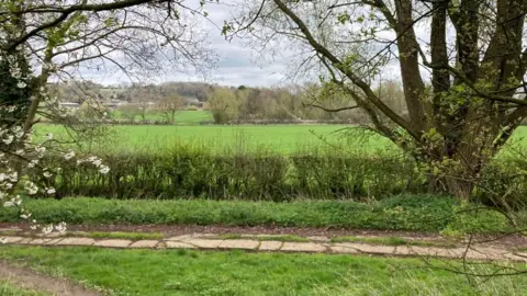 A green meadow, with a hedgerow and footpath in front. This is the site of the new burial ground.