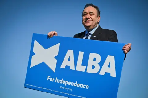 Getty Images Alex Salmond holding a blue Alba For Independence sign