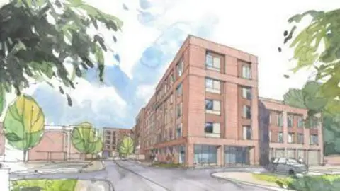 University of Southampton Water colour-style design images of red-brick accommodation blocks surrounded by grass areas and trees.
