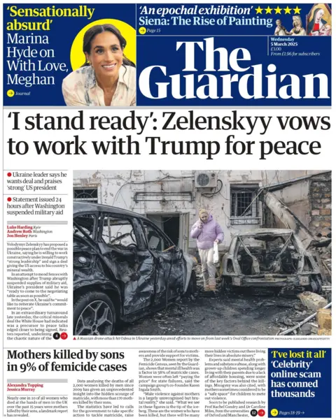 The headline on the front page of the Guardian reads: "'I stand ready': Zelenskyy vows to work with Trump for peace."