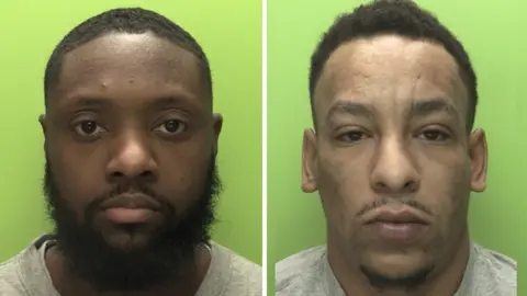 Nottinghamshire Police Mugshots of Andre McGowan (left) and Shabezz Wheeler-Spink on green backgrounds
