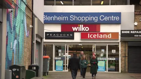 A view of the entrance to the existing shopping centre, which has a blue sign and three signs for Wilko, Peacocks and Iceland underneath it. A few people can be seen walking out of the sliding doors at the entrance