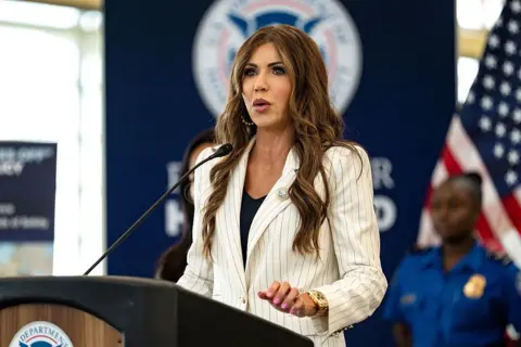 Getty Images Secretary of Homeland Security Kristi Noem speaks during a news conference at Ronald Reagan Washington National Airport on 8 July 2025