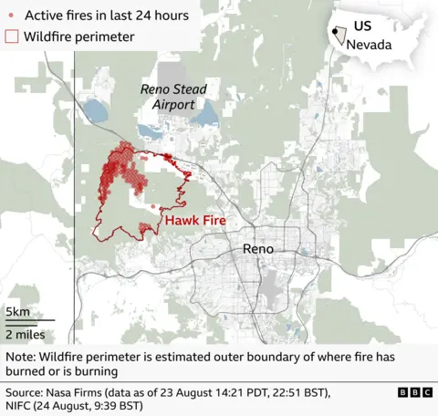 Map showing active fire detections linked to the Hawk Fire west of Reno, Nevada, over the previous 24 hours. Red dots marking fire activity are concentrated near Reno Stead Airport, with the city of Reno to the south-east. Also marked is the perimeter of the wildfire, meaning the estimate outer boundary of where fire has burned or is burning on the periphery of the city 