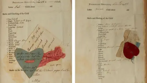 Coram Two old paper documents showing printed and handwritten inventories, a blue paper heart with writing and a red ribbon, and a red paper heart with a lace ribbon