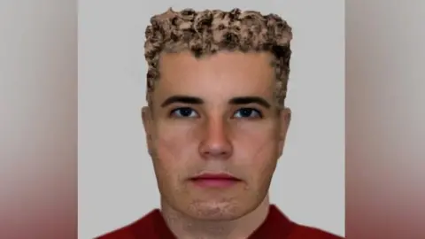 E-fit of a white man in his 30s or early 40s. He has stubble and is wearing a red top. He has light brown curly hair which is short at the sides and long on top.