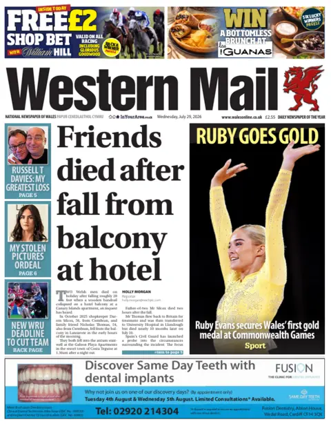 Western Mail Western Mail front page. The main headline reads: Friends died after fall from balcony at hotel. Other headlines include: Ruby goes gold. Ruby Evans secures Wales' first gold medal at Commonwealth Games. 