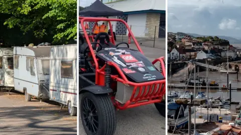BBC Caravans parked on the side of the road, beneath some trees. A red, open racecar with roll bars. A view of Watchet Harbour showing boats and houses on the coastline on a sunny day.