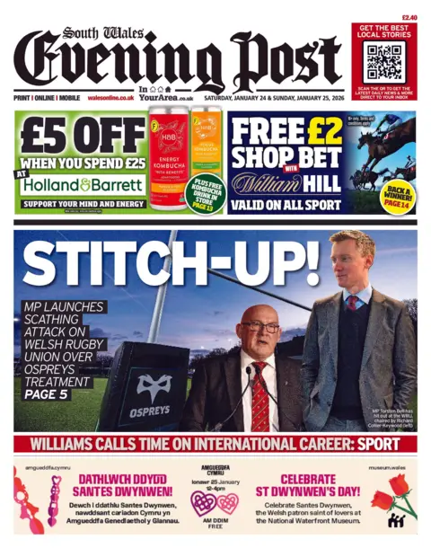 South Wales Evening Post South Wales Evening Post front page. Headline is: "Stitch up!"