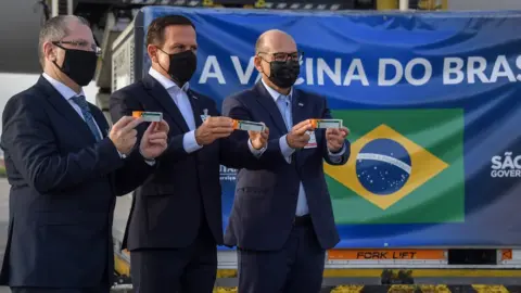 Getty Images Sao Paulo Governor Joao Doria (C), Sao Paulo state Health Secretary Dr. Jean Gorinchteyn (L), and Butantan Institute Director Dimas Covas (R), pose for photos next to a container carrying doses of the CoronaVac vaccine at Guarulhos International Airport in Guarulhos, near Sao Paulo, Brazil, on December 03, 2020.