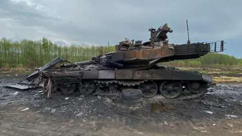 Reuters Russian main battle tank T-90M Proryv destroyed by Ukrainian Armed Forces is seen near the village of Staryi Saltiv