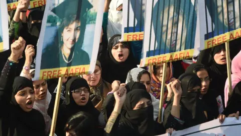 Getty Images Pakistani protesters carry portraits of Aafia Siddiqui, a Pakistani scientist who is currently serving a prison term in the US, in Pakistan, 2008