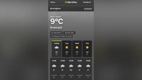 A screenshot of the Met Office app displaying the weather forecast for Birmingham. The main display shows 9C, overcast, with a 30% chance of rain and a feels-like temperature of 6C. Below, hourly forecasts from 12:00 to 16:00 show cloud and light rain icons with temperatures between 9C and 10C.
