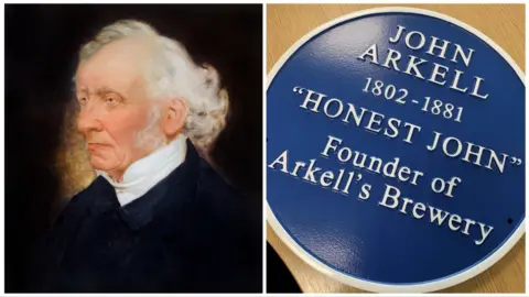 Arkell's brewery John Arkell and a photo of the blue plaque which reads: John Arkell - 1802-1881. Founder of Arkell's brewery