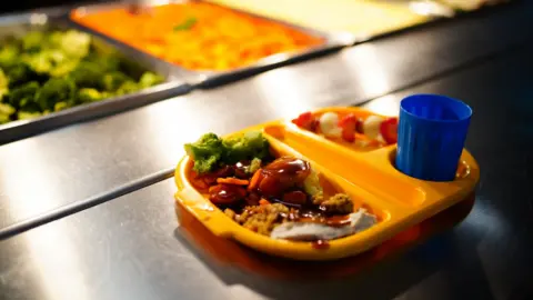 A yellow tray with a meal on it sits on a metal counter, with trays of vegetables and other food in the background. 