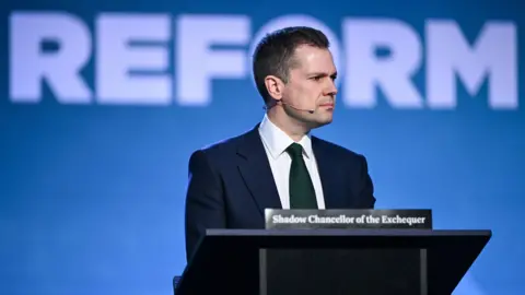 Reuters Robert Jenrick stands behind a podium reading "shadow chancellor of the exchequer" and a blue backdrop reading "Reform".