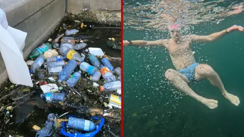 Filth detritus floats in the water on the left and a man hangs as if weightless while swimming underwater.