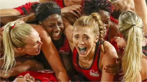 Helen Housby, who scored in the final second and her England teammates celebrate at full time and winning the Netball Gold Medal Match between England and Australia on day 11 of the Gold Coast 2018 Commonwealth Games