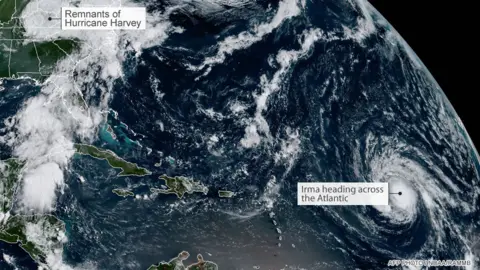 BBC Satellite image of Hurricanes Harvey and Irma