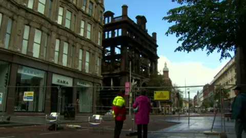 BBC Belfast safety cordon around Primark in Belfast following fire