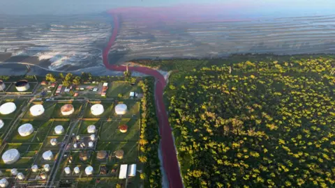 Getty Images This aerial view shows an unusual reddish colour of the Sarandí seeping into the Rio de la Plata on the outskirts of Buenos Aires