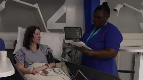 A female patient in a hospital bed is attended by a female nurse who is writing on a sheet of paper. A hospital monitor is checking the patient's blood and heart function.