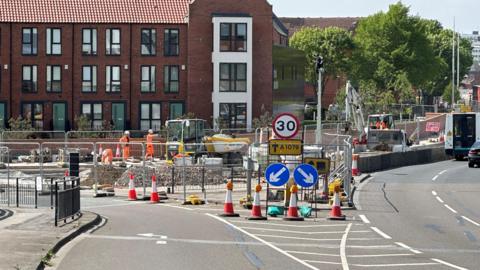 Roadworks at the A63 junction with Queen Street in Hull city centre