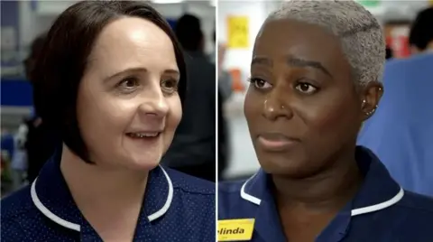 Ruth, on the left, has short brown hair with brown eyes and is looking to the right of camera. Belinda, on the right, is looking to the left and has short blonde hair and brown eyes. Her left ear is in shot and has piercings, as does her nose. It is a close up shot of both women. 