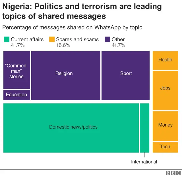 Graphic showing break of fake news stories by topic in Nigeria