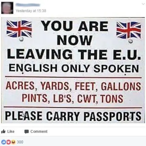 Facebook Post on a pro-Brexit group, citing traditional British measurements
