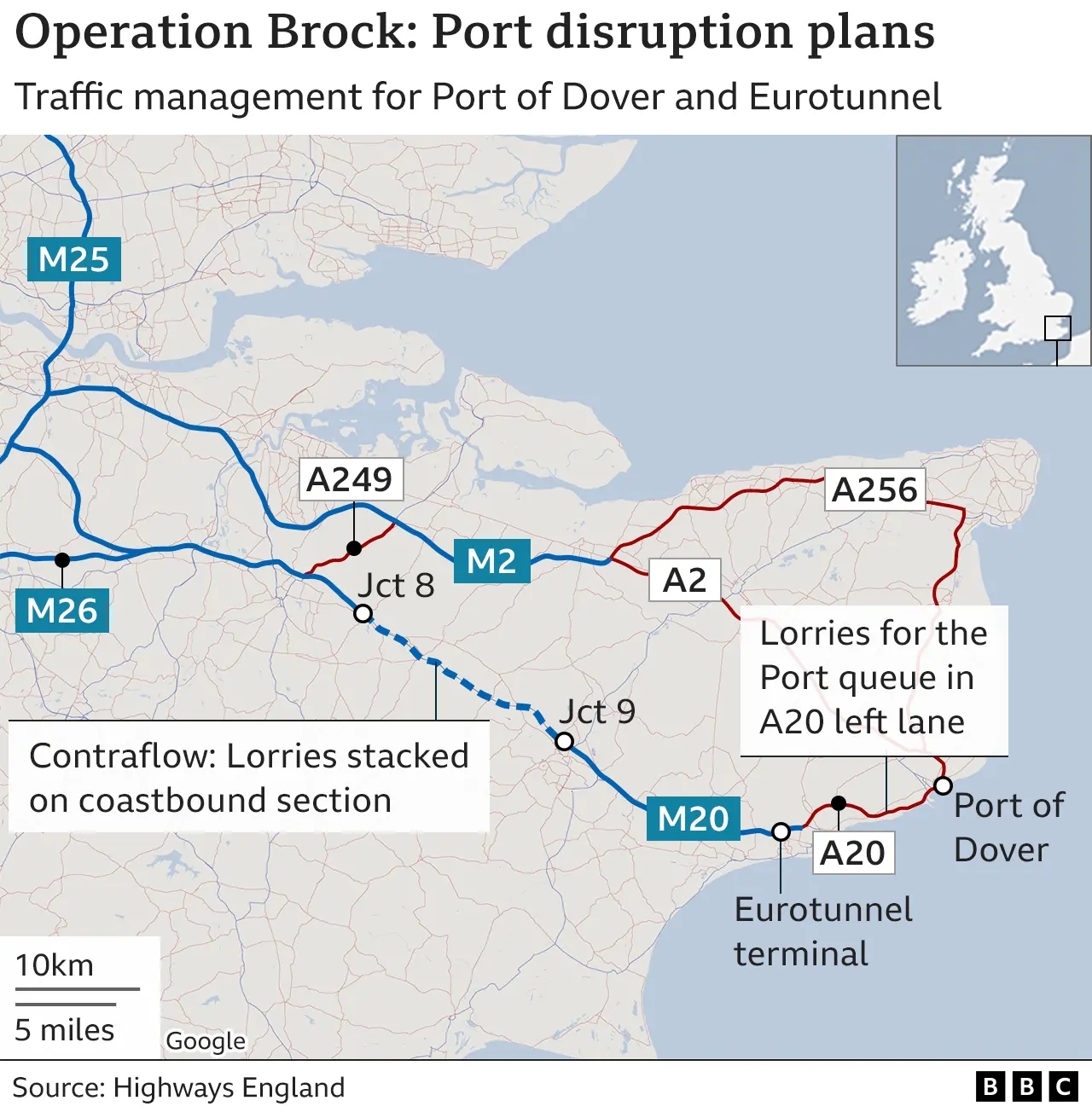 Map showing traffic management of the Port of Dover and Eurotunnel