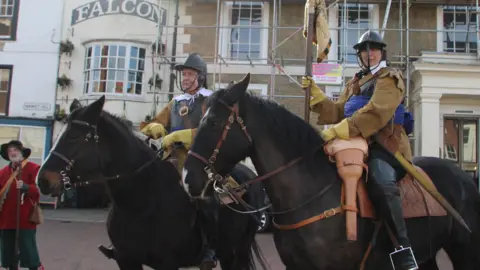 Cromwell Museum Parliamentarian Civil War re-enactors on horseback in Huntingdon