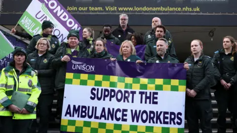 Getty Images Striking ambulance service staff in London