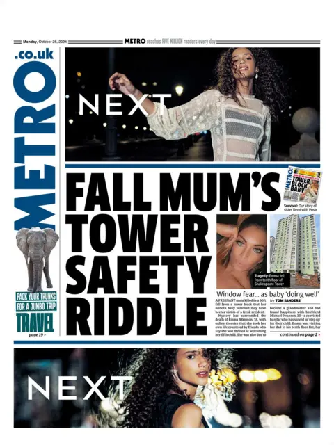 The main headline on the front page of Metro reads: "Fall mum's tower safety riddle"