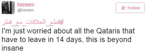 Twitter/@hxneen "I'm just worried about all the Qataris that have to leave in 14 days, this is beyond insane"