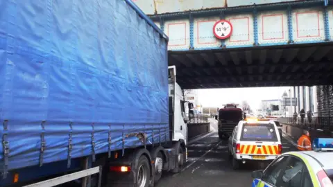 BBC Lorry stuck under Bute Bridge in Cardiff