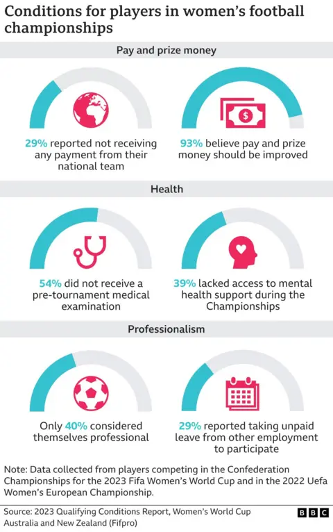 An infographic showing 29% of players reporting no payment from their national team, 93% believing pay should be improved, 54% not getting a pre-tournament medical, 39% not getting mental health support, only 40% considering themselves professional and 29% having to take unpaid leave