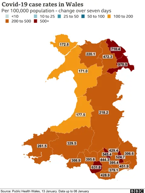 A map of Covid-19 case rates in Wales