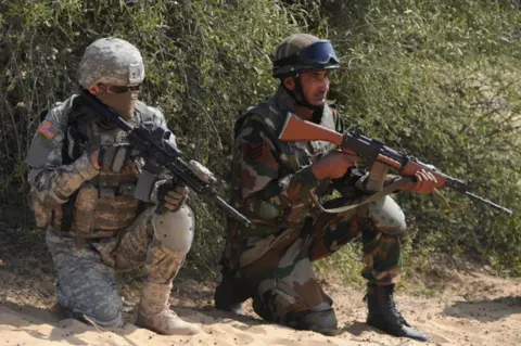 Getty Images Indian and US soldiers participate in the Yudh Abhyas 2012 military exercise at Mahajan in Rajasthan sector, some 150 kms. from Bikaner, on March 13, 2012.