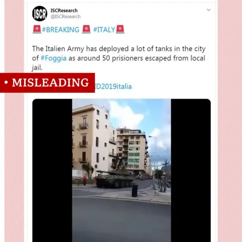 Screen-grab of a video showing a tank on a street in Sicily labelled misleading