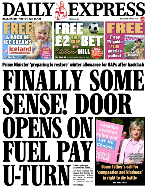 Front page of the Daily Express reads "Finally some sense! Door opens on fuel pay U-turn".