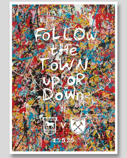 A work of art by Ed Sheeran showing paint splashes in lots of colours with football logos on it.