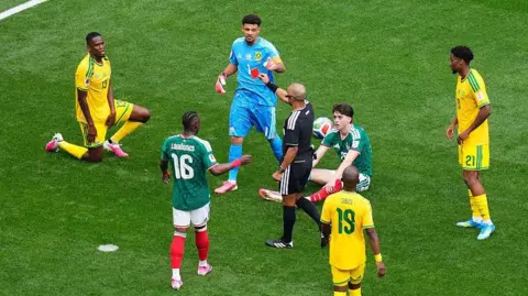 Sphephelo Sithole of South Africa see the red card during the FIFA World Cup 2026 Group A match between Mexico and South Africa