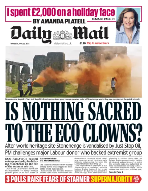 Daily Mail The front page of the Daily Mail, whose headline reads "is nothing sacred to the eco clowns?"