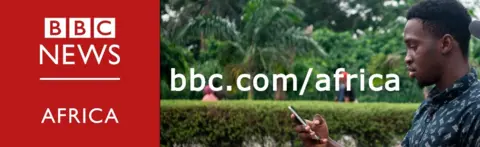 A composite image showing the BBC Africa logo and a man reading on his smartphone.