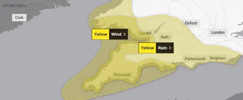 Met Office A map published by the Met Office shows the south of the country from Plymouth up to Oxford, wrapped in an area of yellow, indicating weather warnings for both wind and rain. 