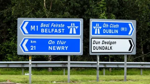 Getty Images Belfast, Newry, Dublin and Dundalk directional road signs.