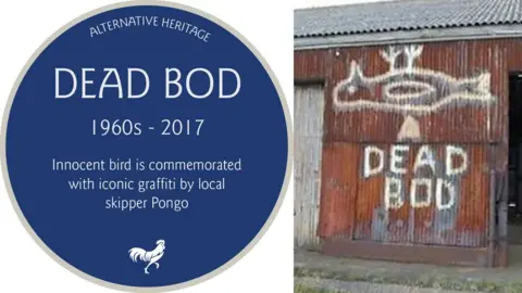Drunk Animal Creative Studio/BBC Dead Bod plaque and image of original graffiti
